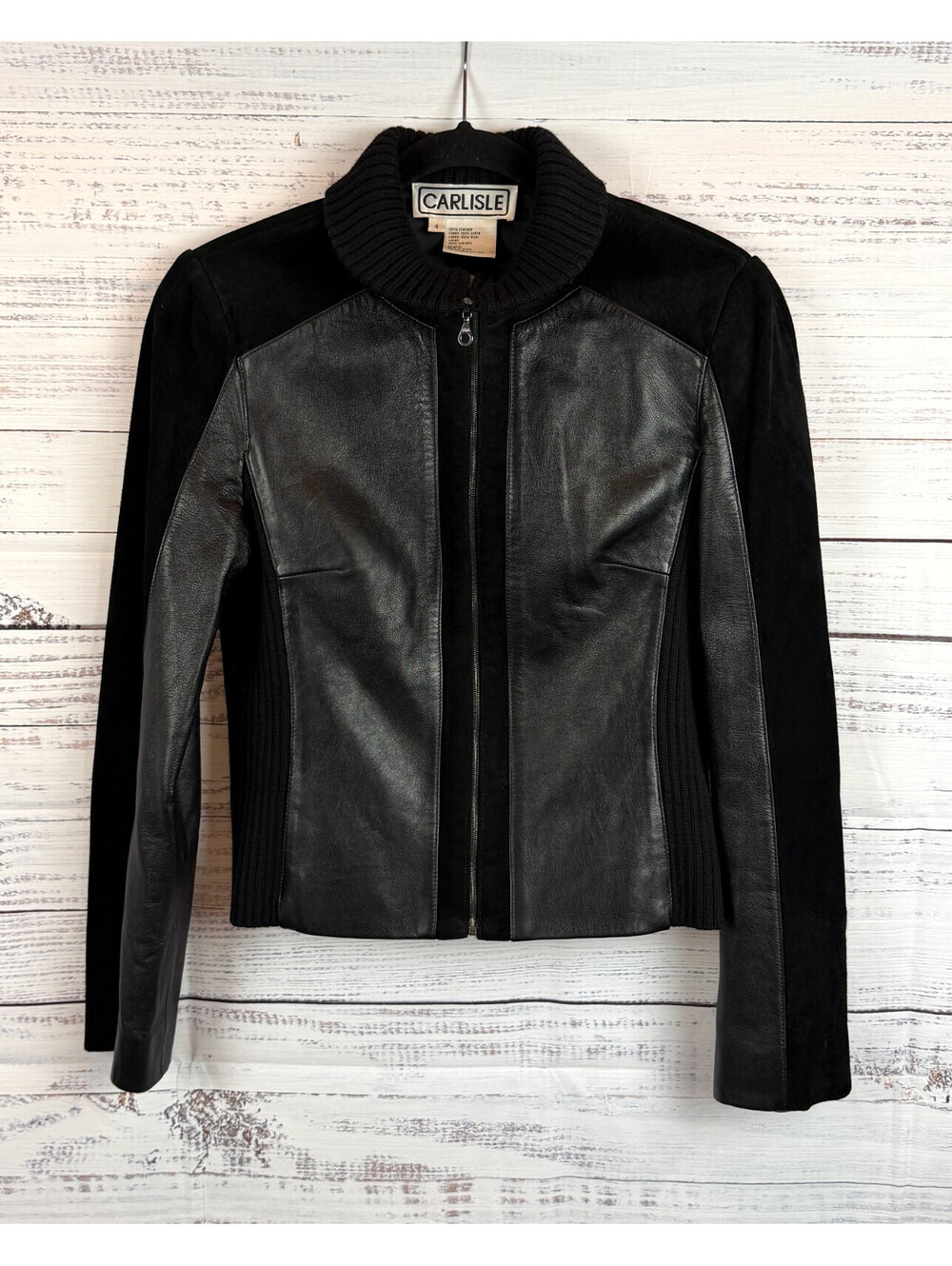 CARLISLE black leather suede wool knit mixed zip jacket size 4